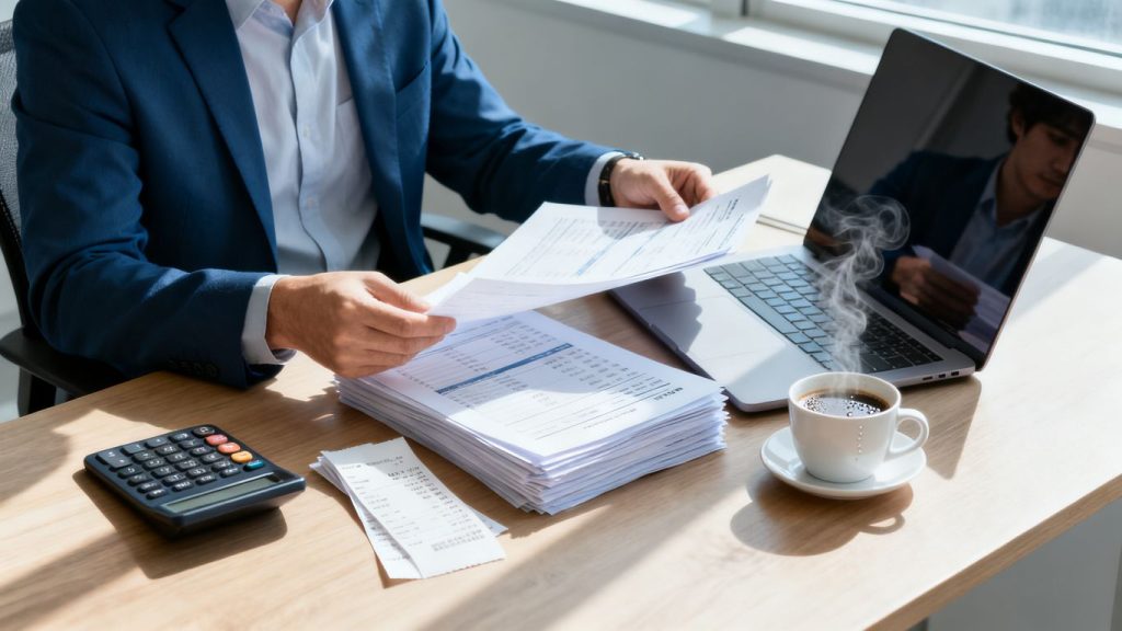business owner reviewing organized financial records