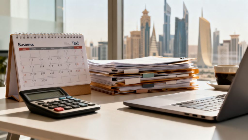 calendar beside corporate tax working papers
