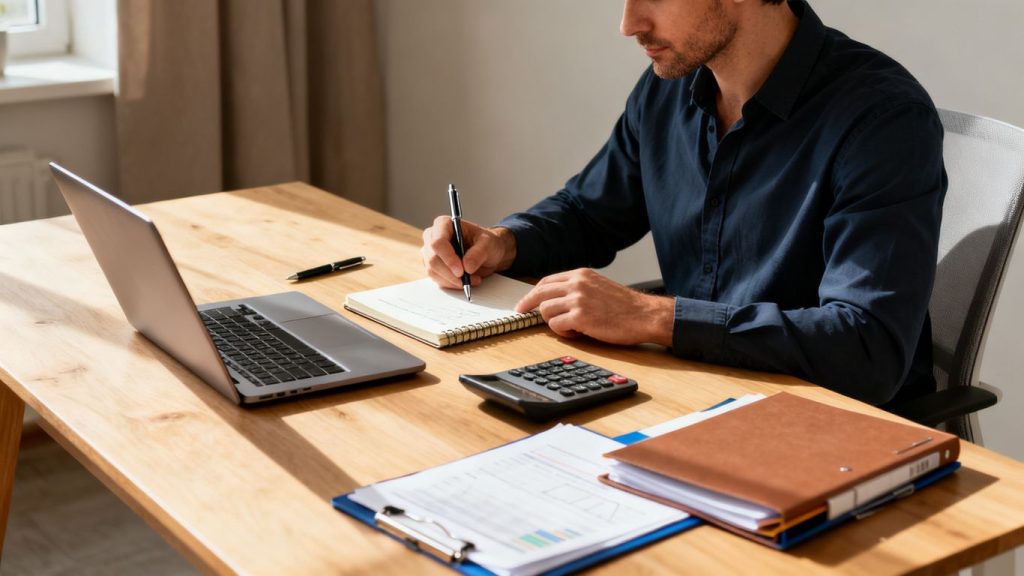 entrepreneur planning business finances at desk